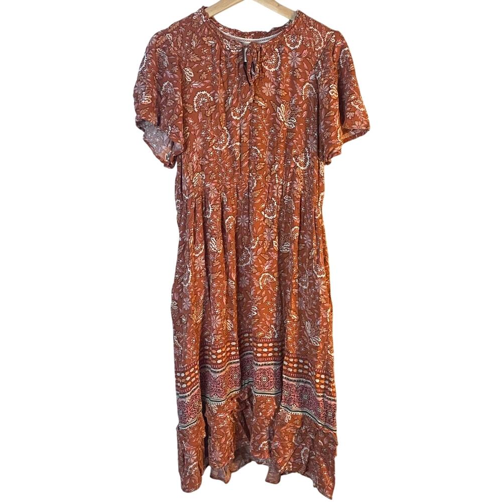 Knox Rose SZ Large Floral Ruffle Short Sleeve Full Length Orange Pink Dress EUC - Picture 2 of 12